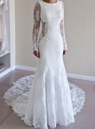 Stunning Jewel Long Illusion Sleeves Court Train Sheath White Wedding Dress with Open Back Full Lace within Lining Mermaid Bridals Gown