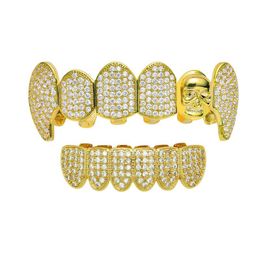 Hip Hop Gold Silver Color Skull Teeth Grillz Bling Bling Iced Out Top & Bottom Dental Tooth Caps Set For Men Women