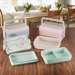 Wheat Straw Lunch Box 2/3 Layers Leakproof Separete Grids Picnic Box Double Lock Container Bento Boxes With Dinnerware hot GGA2847