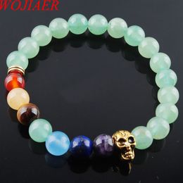 WOJIAER 8mm Green Aventurine Stone Round Beads Ghost Head Strands Bracelets 7 Chakra Healing Mala Meditation Prayer Yoga Women Jewellery K3237