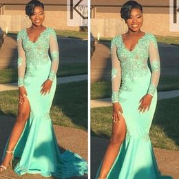 V African New Neck Mint Green Arabic Mermaid Dresses Wear Long Sleeves High Side Split Formal Prom Party Gown Ogstuff Vestidos estidos