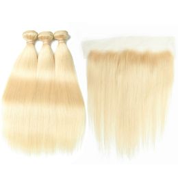 Straight Malaysian Human Hair Bleach Blonde 3Bundles with Full Lace Closure 13x4 Pure 613 Blonde Virgin Hair Weaves with Lace Frontal