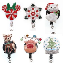 Key Rings Rhinestone christmas Tree/Cat/Deer/Snowflake Metal Badge Reel Retractable ID Holder For Xmas Gift