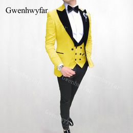 Gwenhwyfar Men Suit 2019 Wedding Suits for Men Velvet Collar 3 Pieces Slim Fit Yellow Blue Suit Mens Tuxedo (Jacket+Pants+Vest)