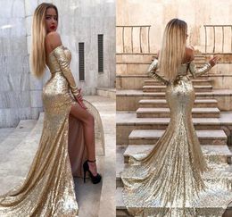 Mermaid Gold Sequins Evening Dress 2019 Cheap Off Shoulder Red Carpet Holiday Women Wear Formal Party Prom Gown Custom Made Plus Size