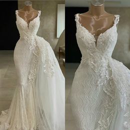 Real Image Mermaid Wedding Dresses With Detachable Skirt V Neck Lace Applique Beach Wedding Dress Bridal Gowns Beaded Robes De Mariée