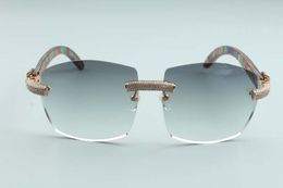 2020 Nueva gran lujo sin marco gafas de sol de micro-diamante de extendido T4189706-3 modelo del pavo real de madera naturales piernas templo gafas, 58-18-135mm