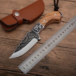 1Pcs New Small Fixed Blade Hunting Knife 440C Satin Blade Full Tang Wood Handle Straight Knives With Leather Sheath