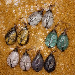 10Pairs Handmade Tree of Life Stone Dangle Earrings for Women, Water Drop Tiger Eye Clear Quartz Crystal Antique Bronze Wire Wrapped Jewelry