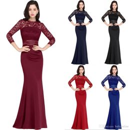 설계 인어 긴 소매 부르고뉴 이브닝 드레스 새틴 레이스 보석 목 지퍼로 돌아 가기 바닥 길이 Vestidos 어머니 드레스 CPS613