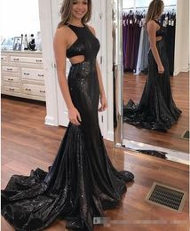 Sequined Cutaway Black Sides Evening Dresses Sleeveless Mermaid Sweep Train 2019 Jewel Neck Prom Party Gowns Custom Made