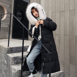 Winter Faux Fur Collar Hooded Women Parka Coat Solid Maxi Long Down Cotton Padded Female Jacket Black Casual Ladies Outwear