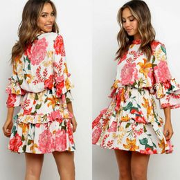 2020 Women Casual Dresses Boho Beachwear Flower Print Wrap Three Quarter Sleeve Dresses Ruffles Dress