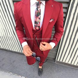 New Arrival Slim Fits Red Groom Tuxedos Peak Lapel Men Wedding Party Clothes 3 pieces Man Work Suit (Jacket+Pants+Vest+Tie) K175