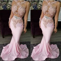 Pink Satin Mermaid Prom Dresses Sheer Long Sleeve Jewel Neck Dress Evening Wear Party Gowns African Vestidos Lace Appliqued Beads