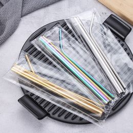 Stainless Steel Drinking Straws Set Straight Bend Straws Juice Bubble Tea Straws Set with Cleaning Brush OPP Bag Package