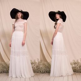 Divine Atelier Covered Button Wedding Dresses Jewel Neck Capped Tulle A Line Wedding Dresses Sweep Train Boho Bridal Gowns