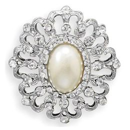 2.25 Inch Vintage Look Rhodium Silver Tone Clear Rhinestone Diamante with Ivory Pearl Flower Brooch for Wedding