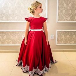 2020 Design Satin Flower Girl Dress with Lace Appliques Rhinestone Zipper Back Custom Made Girls Pageant Gowns