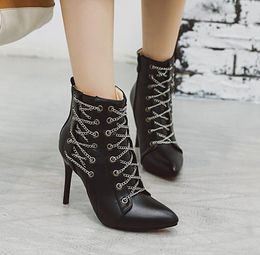Hot Sale-Sexy Metal Chain Zip Side Stiletto Heel Ankle Boots Nightclub Designer Shoes