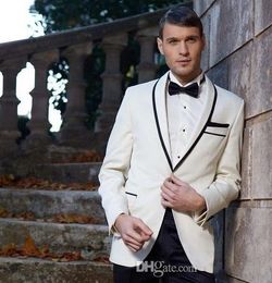 Ivory Mens Wedding Tuxedos Shawl Lapel Groom Groomsmen Tuxedos Popular Man Blazers Jacket Excellent 2 Piece Suit(Jacket+Pants+Tie)1288