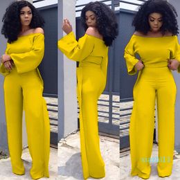 fashion-Plus Size Sexy Two Piece Sets Women Slash Neck Flare Sleeve Tops and Ruched Wide Leg Pants Suits Elegent Matching Set Outfits