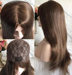 Parrucca Kosher per capelli mongoli più fini Parrucca ebrea di base di seta dei capelli umani vergini di colore marrone diritto serico per le donne bianche Consegna espressa veloce