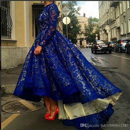 2019 New Formal Evening Celebrity Dresses Lace Hi Lo Long Sleeve Royal Blue Bridal Party Prom Pageant Gowns Arabic Custom Made 289