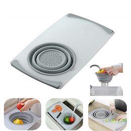 Multi-functional Over-the-Sink Cutting Board with Removable Collapsible Colander 3 In 1 Food Tray Sink Drain Basket Cutting Board Philtre Cho