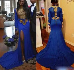 Sexy Split Mermaid Evening Dress 2019 Royal Blue Gold Applique abiye Arabia robe de soiree Party Prom Formal Pageant dresses