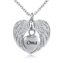 oma Angel Wing Urn Necklace for Ashes Cremation Memorial Stainless Steel Heart Keepsake Birthstone crystal Pendant Necklace Jewelry