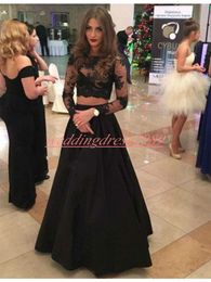 Charming Two Pieces Prom Dresses Party Ball Long Sleeve Lace Sheer Formal Juniors Pageant Robe De Soiree Plus Size Evening Occasion Gowns