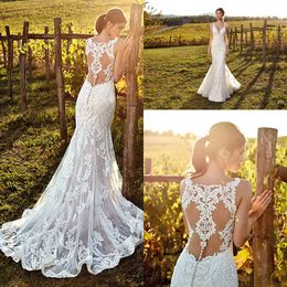 2020 Spaghetti Straps Deep V Neck Lace Mermaid Wedding Dresses Full Lace Tulle Summer Beach Wedding Bridal Gowns With Buttons