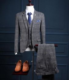 Wedding Tuxedos 2019 Men's 3 Pieces Suits 2 Buttons Cheque Tweed Fleck Tweed Wool Customised Best Man Groomsmen Tuxedos (Jacket+Pants+Vest)