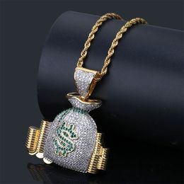 Money Bag Stack Iced Cash Coins Pendant Necklace Chain Charm Gold Silver Cubic Zircon Men's Hip Hop Jewellery For Gift