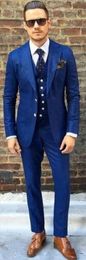 Popular Royal Blue Groom Tuxedos Notch Lapel Groomsmen Mens Wedding Dress Excellent Man Jacket Blazer 3 Piece Suit(Jacket+Pants+Vest+Tie)703