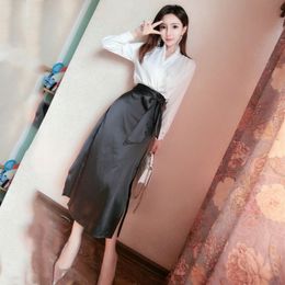 New Fashion Women Korean Two-Piece Set Ladies Blouse Top And Split Skirt Suits Female Satin Silk Outfits Clothes Sets F160