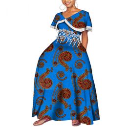 Bazin Riche Long Party Evening Dresses Women African Peter Pan Dresses for Women African Clothing Print Tassel Dresses WY3997