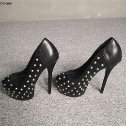 Rontic NEW Fashion Women Platform Pumps Sexy Rivets Stiletto High Heels Pumps Round Toe Black Club Shoes Women Plus US Size 5-15