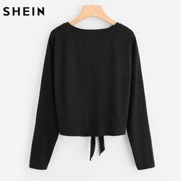 O-Neck Pearl Beaded Knot Front Cute Tee Shirt Black Casual T Shirt for Women Long Sleeve Round Neck Women T-Shirts Trend