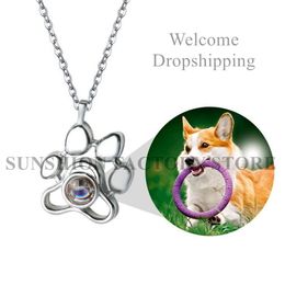 Custom Pet Photo Pendant Necklace Footprints Cat Dog Paw 100 Languages I Love You Projection Necklace Memory Jewelry