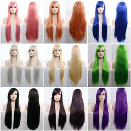 Long straight Cosplay wigs 80 cm all-purpose High temperature resistant Red Green Pink Blue Sliver Gray Synthetic Hair Salon Wigs