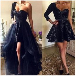 bling bling two pieces Black Sequined Prom Dresses with Detachable Skirt 2020 One Shoulder Long Sleeve Arabic African Short Evening Gowns