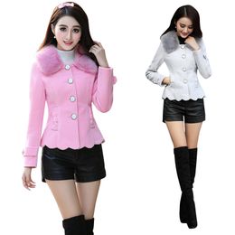 Winter Coat Women Pink Wool Coat Good Quality Fur Collar Bow Slim Short Outwear Long Sleeve chaqueta mujer C91391