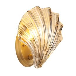 Nordic Modern Crystal Amber Glass Shell Wall Light Copper Retro Wall Lamp Living Room Background Bedroom Lamp Indoor Lighting Fixtures
