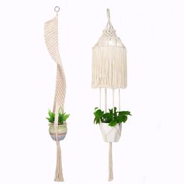 Macrame Plant Hanger Long Suspended Wall Planter Cotton Rope Lamp Shade Wall Hanging Planter Basket Elegant Boho Decor