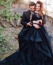 Fashion Black Lace Beach Wedding Dresses A Line Sheer Bateau Neck Two Pieces Bridals Gowns Long Sleeves Tulle Boho vestidos de noi218O