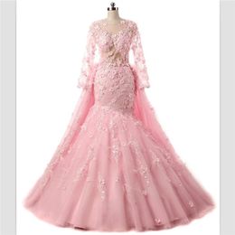 Elegante pizzo rosa sirena abiti da ballo da ballo personalizzato manica lunga sera staccabile treno con scollo a collo di partito abiti da festa Robe de Mariée