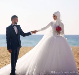 Vintage Arabic Dubai Princess Wedding Dress Puffy Muslim Long Sleeves Lace Church Formal Bride Bridal Gown Plus Size Custom Made