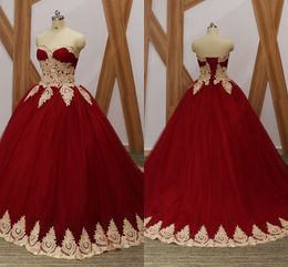 Gold Lace Red Tulle Prom Vestidos De Quinceanera Dresses 2020 Pleated Strapless Floor Length Sweet 16 Dress Ball Gowns Long Real Image